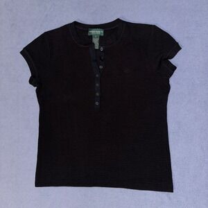 Lauren Ralph Lauren Henley Jersey Top Cap Sleeve Womens Black Size Small